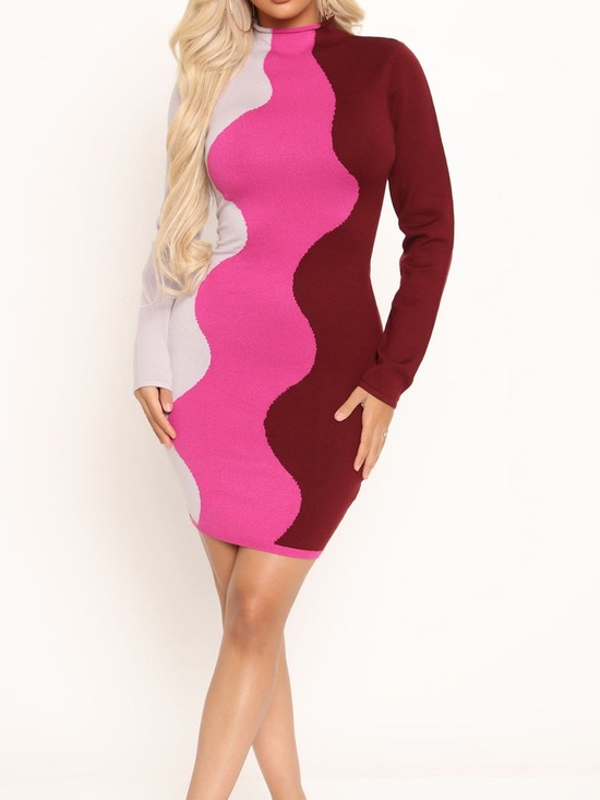 Dresses & Skirts - Colorblock Wave Bodycon Dress - Pink, Maroon & Light Gray